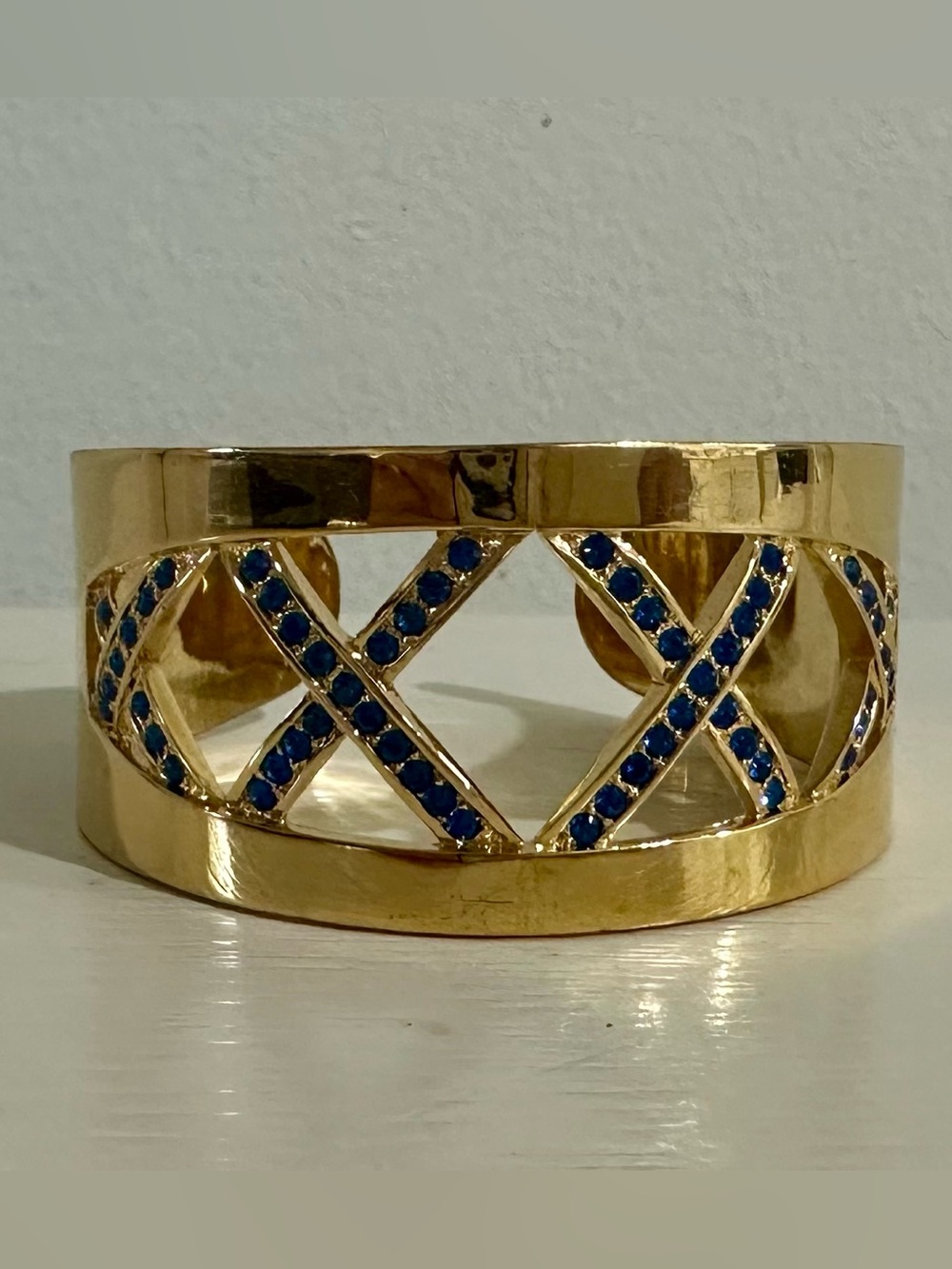 Gold-Tone Openwork Cuff Bracelet with Blue Stone X-Detail